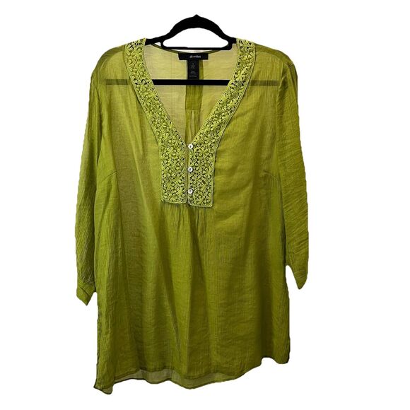 Ali Miles Green Sheer Popover Boho Peasant Top Long Sleeves Womens Size 1X - Picture 1 of 11